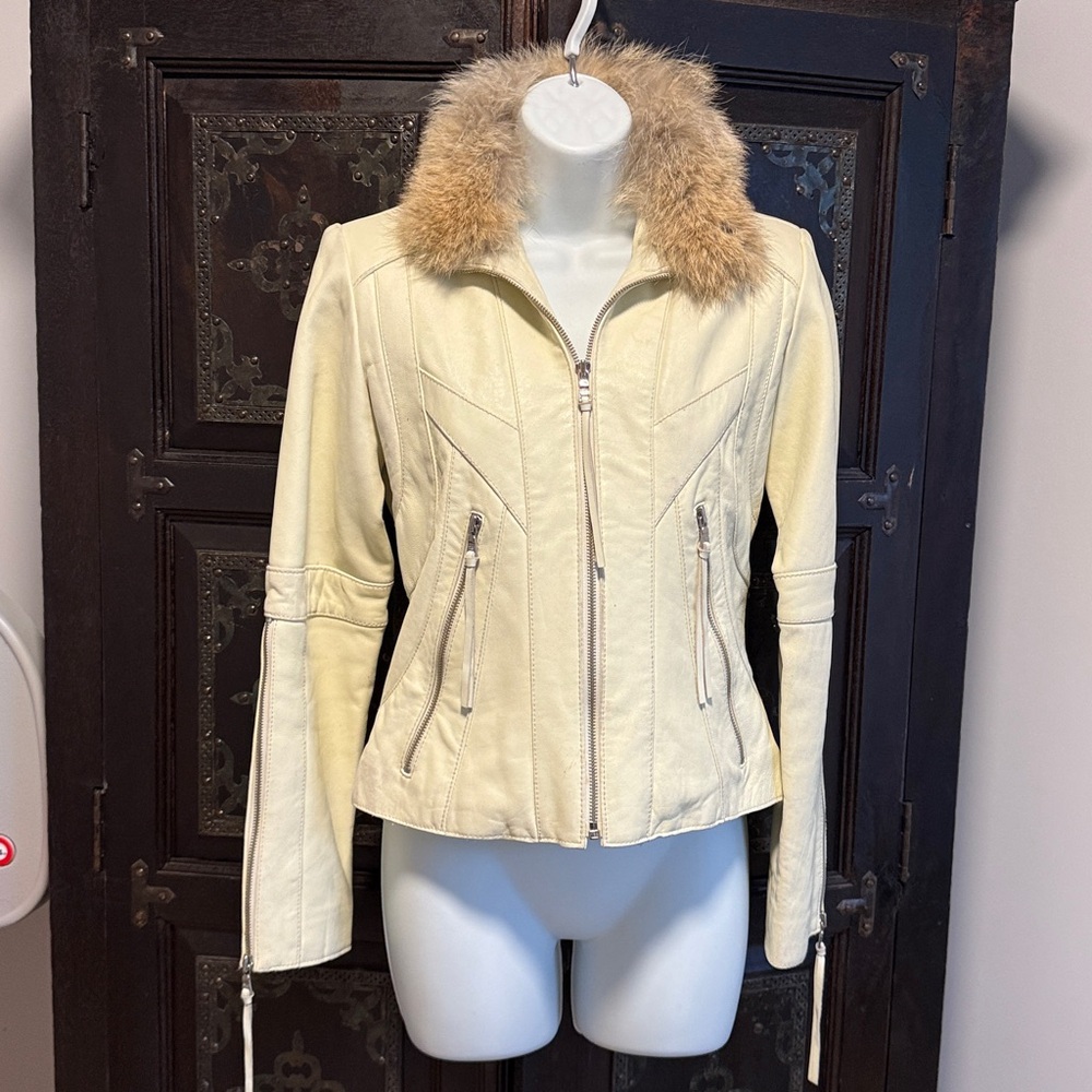 Andrew Marc New York Y2K Cream Leather Jacket w/‎ Removable Fur Collar – XS